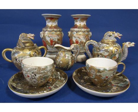 A collection of good quality late 19th century Satsuma teawares with ornate painted and gilded decoration and moulded dragons