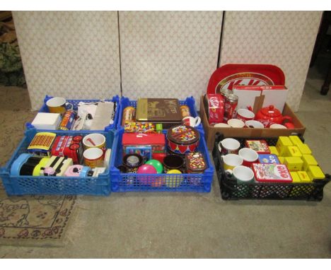 A large collection of mainly contemporary reproduction advertising tins, ceramic mugs, trays, etc 