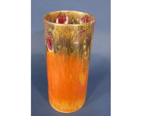 A good quality Wilkinson Ltd vase of cylindrical form with orange glazed finish and overlaid stylised gilded and painted flor