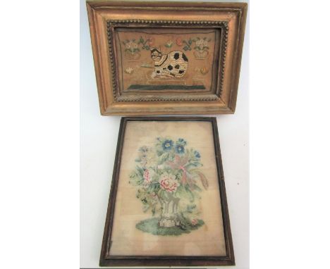 Early 19th century needlework panel in the form of a recumbent cat surrounded by flower vases, etc, 10 x 15.5cm approx, toget