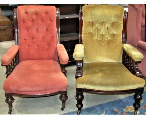 Two similar Victorian upholstered drawing room chairs with buttoned scrolled backs and showwood frames raised on turned forel
