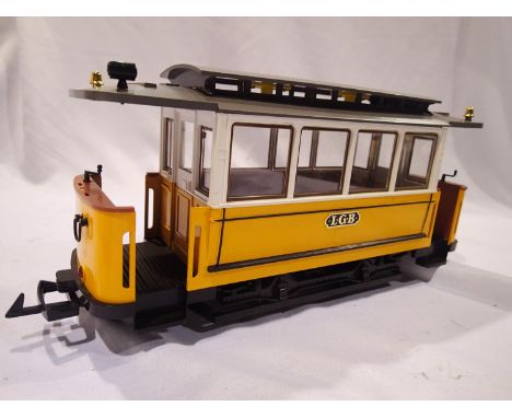G scale L.G.B 3500 street car, yellow/white, unpowered, excellent condition, box with wear. UK P&amp;P Group 2 (£20+VAT for t