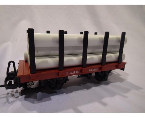 G scale L.G.B-Lehmann 94060, stake wagon with pipe load, excellent condition, box with wear. UK P&amp;P Group 2 (£20+VAT for 