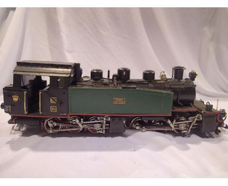 G scale L.G.B 20851 Baldwin Mallett, black/green, no. 104, good condition, missing lamp bezels and lenses, and damaged rear b
