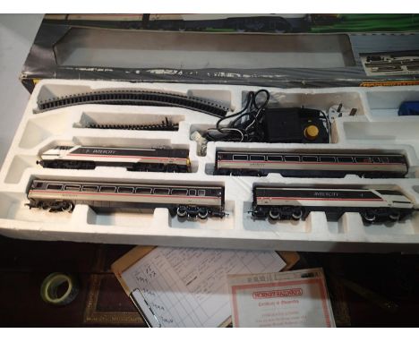 Hornby OO gauge, R696, Intercity 225 train set, class 91 (damaged pantograph), two coaches and DVT, plus track etc, mostly ve