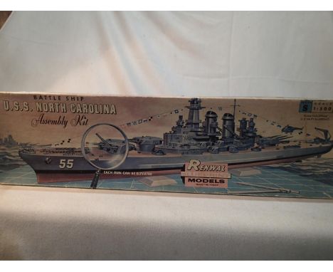 Renwal Models 1/500 scale kit of USS North Carolina, appears complete, box with wear. UK P&amp;P Group 1 (£16+VAT for the fir