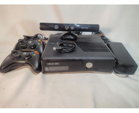 Unboxed Xbox 360 in black with Kinect, 2 controllers and PSU. Powers up for a short while then the power light turns red. UK 