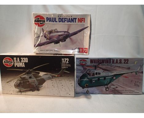 Three Airfix 1/72 scale aircraft/helicopter kits, sealed as new, storage wear to boxes. UK P&amp;P Group 1 (£16+VAT for the f