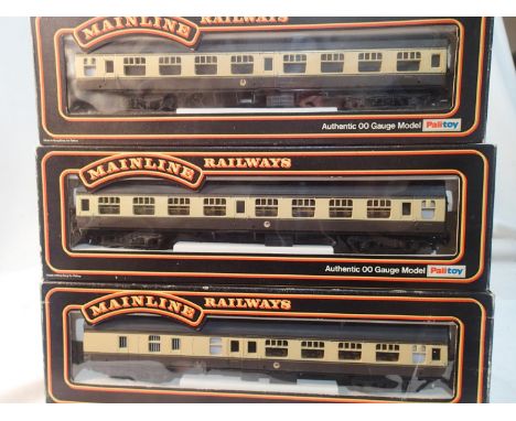 OO gauge, three Mainline BR chocolate/cream coaches, excellent condition, boxes are good. UK P&amp;P Group 1 (£16+VAT for the