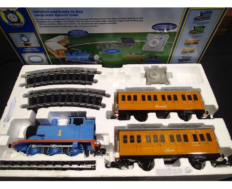 G scale Bachmann Thomas the Tank with moving eyes, Annie and Clarabel coaches, track and controller, missing transformer, exc