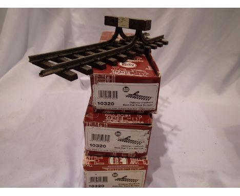G scale L.G.B, three 10320 bent rail old timer style buffer stops, good condition, used, require cleaning, boxes are fair. UK