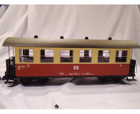 G scale L.G.B 30730, red/cream bogie passenger coach, DR, excellent condition, wear to box. UK P&amp;P Group 2 (£20+VAT for t