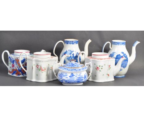 A collection of five 18th Century English Georgian antique coffee and teapots to include a pair of blue and white examples, t