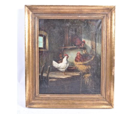 A charming 19th Century oil on canvas painting - likely french depicting a farmhouse scene with four chickens, one nesting in