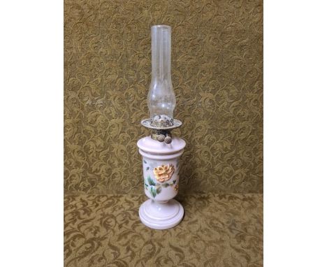 Victorian mushroom floral decorated opaline glass oil lamp with Wright & Butler Duplex burner.