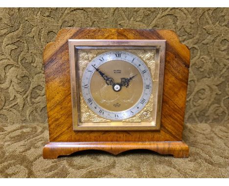 1950's walnut Elliott mantle clock with gilt spandrel, Roman numeral dials.