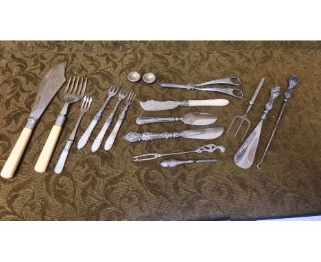 Silver and silver plated cutlery and tableware, Mother of Pearl, bone and silver table ware.  South Africa 2.5 shilling coin 