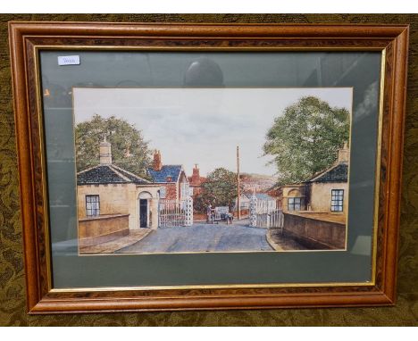 Local Gainsborough interest Mick Ford framed coloured print, Trent Bridge, Gainsborough Tollgate, 49cm x 37cm in frame.