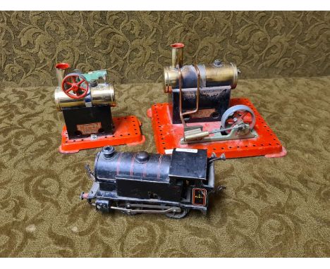 Vintage Mamod SE1a stationary engine, Mamod Minor steam engine and Hornby Meccano Type 40 clockwork locomotive.