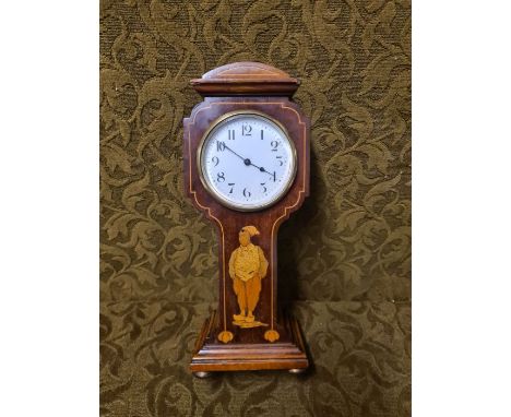 Edwardian miniature longcase clock with inlaid figural Dutchman, enamel dial with Arabic numerals and working movement.