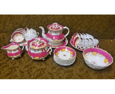 Rare Rockingham c1830-42 porcelain basketweave tea and coffee set with puce Griffin marks, claret ground with yellow flowers 