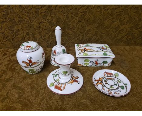 5 pieces Crown Staffordshire Hunting Scene, lidded trinket dish, candlestick, bell, pin dish and ginger jar.