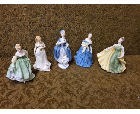5 Royal Doulton lady figures, Fair Lady, Morning Walk, Masquerade, Adrienne (damaged) and Alexandra, average height 8".