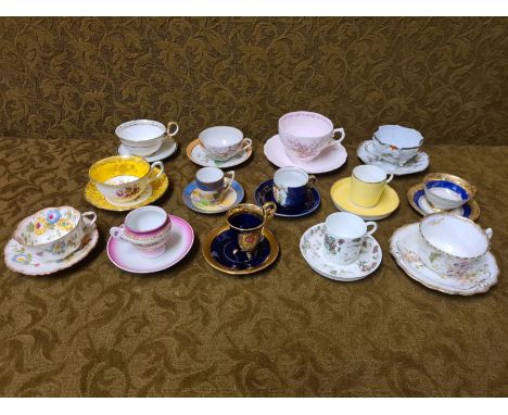 Collection of Victorian and later decorative porcelain cups and saucers, continental and British makers.