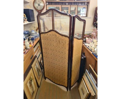 Edwardian 3 panel modesty screen with bevel glass panels and swept top, maximum height 139cm, maximum width 117cm.