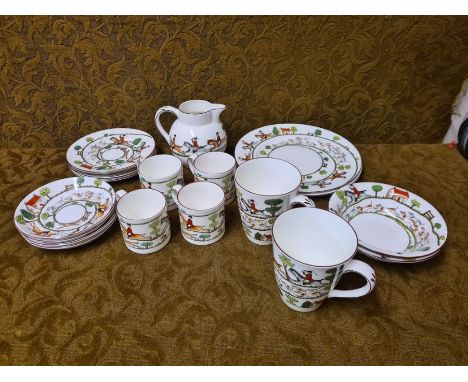 20 pieces Crown Staffordshire Hunting Scene comprising 2 dinner plates, 5 side plates, 2 cereal bowls, milk jug, 4 cups and s