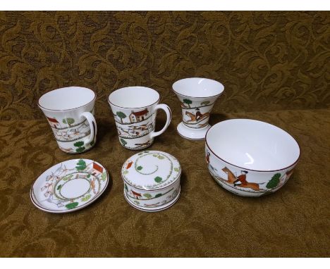 6 pieces Coalport Hunting Scene, 2 coffee mugs, small vase, bowl, pin dish and trinket dish.