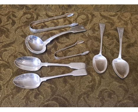 Georgian and Victorian silver tableware.  Brightcut sugar nips, small ladle, dessert spoons, all hammered.  248g.