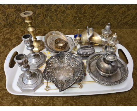 Tray lot of metalwares to include EPNS dishes, candlesticks, table lighter, etc.