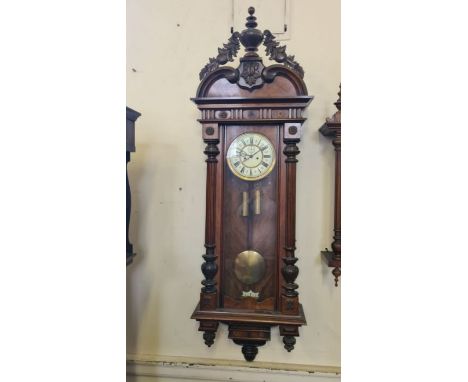 Large mahogany twin weight Vienna wall clock, 148cm tall, brass and enamel Roman numeral dial, movement winds and runs, chime
