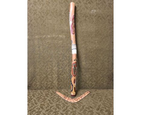 Handpainted Aboriginal didgeridoo 46" long and handmade boomerang