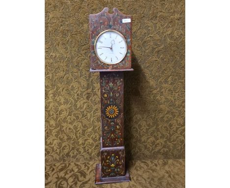 A primitive hand painted miniature longcase clock with modern Westclox movement, 66cm tall.