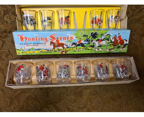 1960's hunting scene colour shot glasses in original boxes with 5 vintage car glasses.