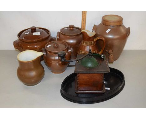 Mixed Lot: Vintage coffee grinder, various stoneware kitchen jars and other items