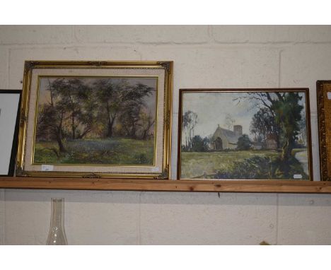 A R Harrold - Study of bluebell woods, oil on board, gilt framed together with a further study of a country Church (2)