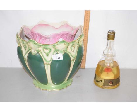 Mixed Lot: Two jardinieres, vintage kitchen measure and a bottle of Bols Ballerina