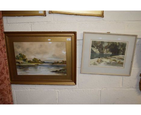 Dudley Ward - Study of a river scene, watercolour, gilt framed together with a coloured print after William Russell Flint