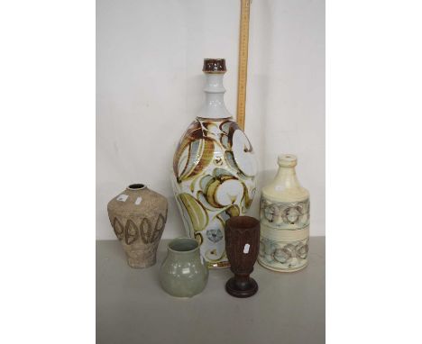 Group lot consisting of large Studio Pottery vase together with further smaller examples, a lamp base and a further wooden va