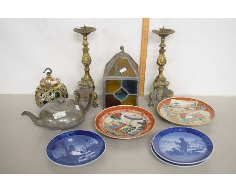Mixed Lot: A small lead and coloured glass ceiling light shade, a pair of brass pricket style candlesticks, Copenhagen plates