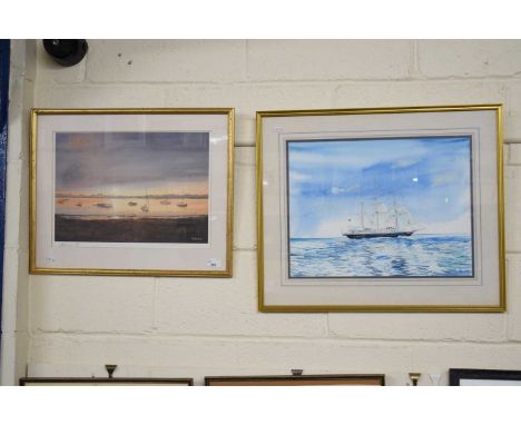 Bruce - Coloured print of an estuary scene together with Warwick Jacobs, watercolour study of a tall ship (2)