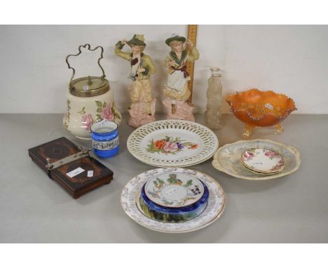 Mixed Lot: Various items to include Carnival Glass bowl, biscuit barrel, bisque figures, decorated plates etc