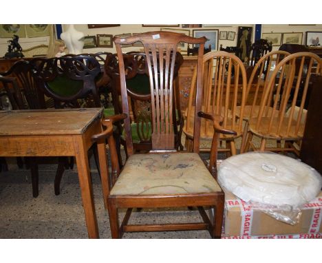 A Georgian elm framed high back carver chair with tapestry seat