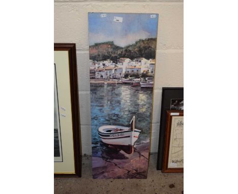 Coloured print on board of a sunlit cove