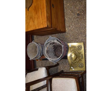 Mixed Lot: Small brass and iron fire hood with Art Nouveau type decoration, various buckets, shooting stick and an umbrella