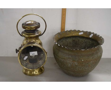 Brass jardiniere together with a vintage Lucas King of the Road lamp (2)