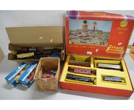 A Triang Rex train set (not checked for completeness) together with further box of rolling stock,Scalextric model cars and fu